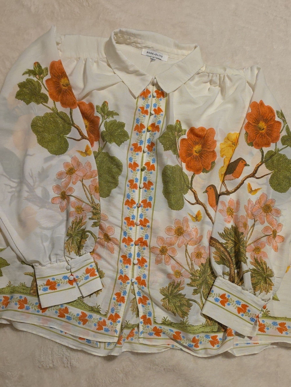 Rose + Olive 3x Cream Floral Button-Front Blouse Long Sleeve
